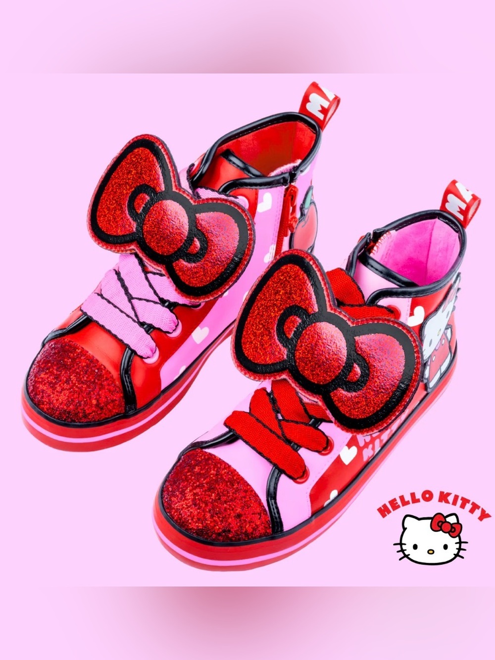 Hello Kitty Kids Glitter Bow High-Top Sneakers in Red and Pink